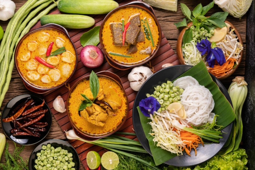 Rice Noodles Bowl Curry Paste With Chili Cucumber Long Bean Lime Garlic Spring Onion 