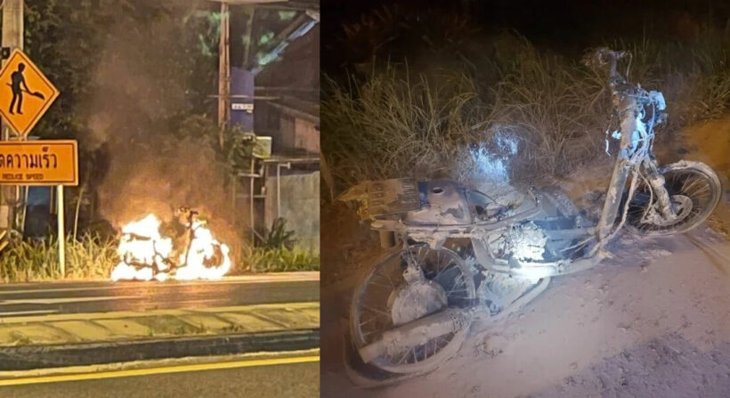 Motorbike catches fire while driving in Phuket before exploding