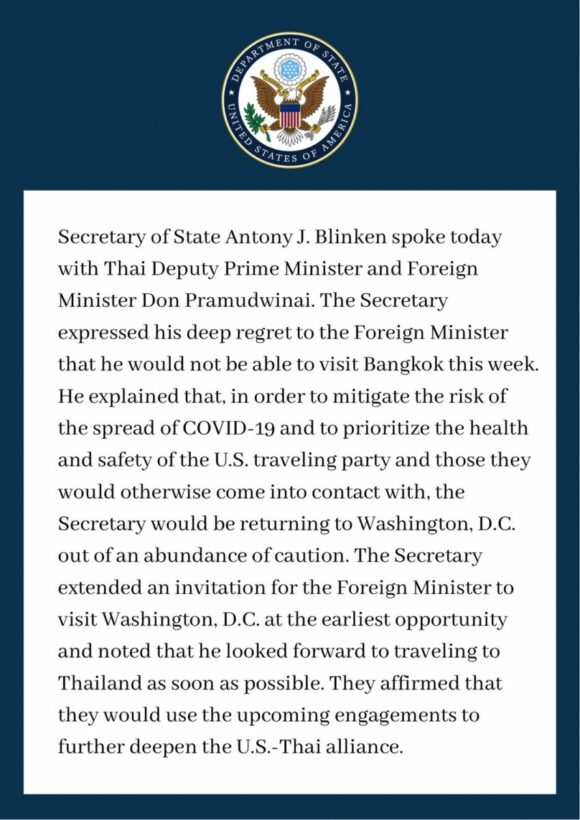 US Secretary of State Blinken cancels Thai visit, meeting with PM due to Covid concerns | News by Thaiger