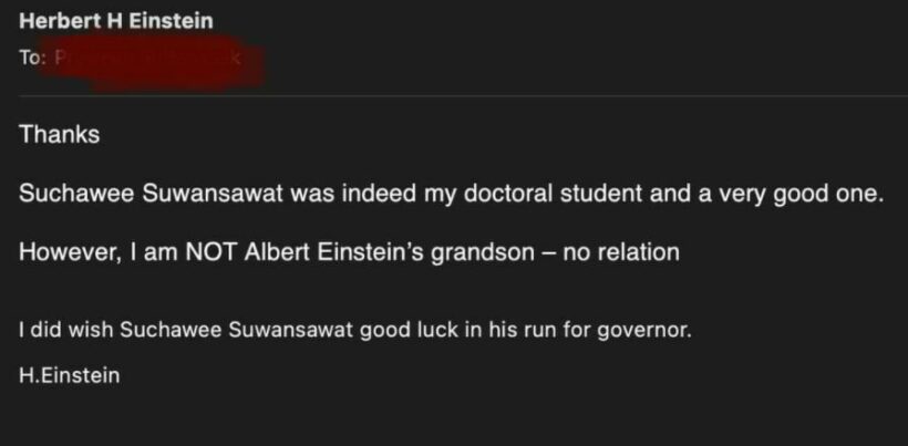 Candidate for Bangkok governor under fire after claim he studied under Einstein's grandson | News by Thaiger