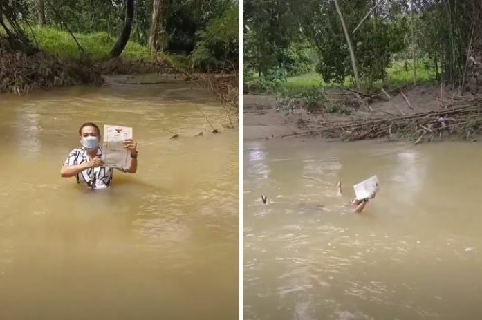 Koh Samui agent gives honest property review by standing in waist-deep floodwater