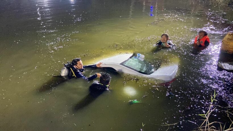 Man focused on GPS drives into Chon Buri pond, sinks car