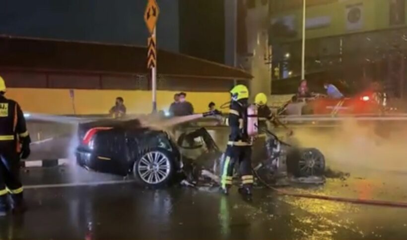 Jaguar car explodes into flames on Bangkok expressway