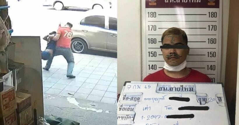 Food delivery driver attacks pedestrian on sidewalk in Bangkok