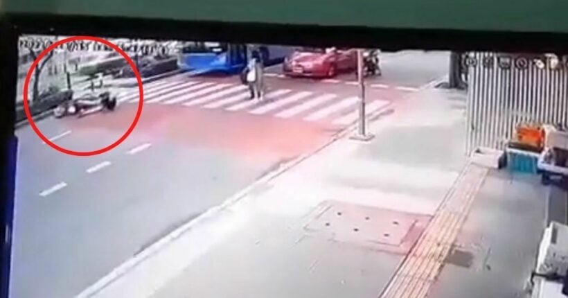 Public bus hits motorbike stopped for pedestrians at zebra crossing in Bangkok