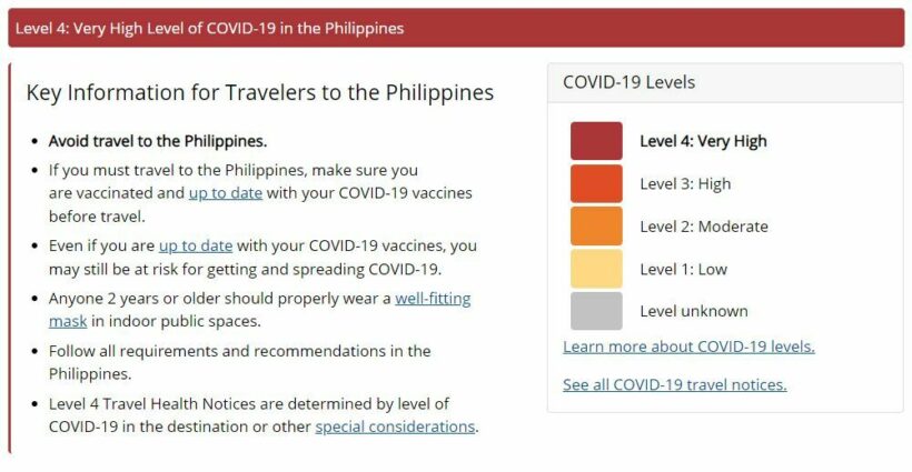 US CDC issues Level 4: Very High Risk travel advisory for the Philippines | News by Thaiger