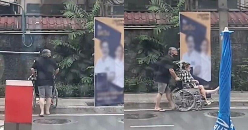 Thai netizens complain election banner forces Western woman in wheelchair into street