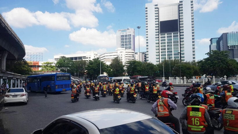 ‘Win’ motorbike taxi drivers protest against GrabBike in Bangkok, Thailand