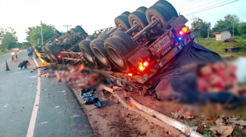 Truck overturns in NE Thailand, driver dies, losing 1.5 million baht of beer