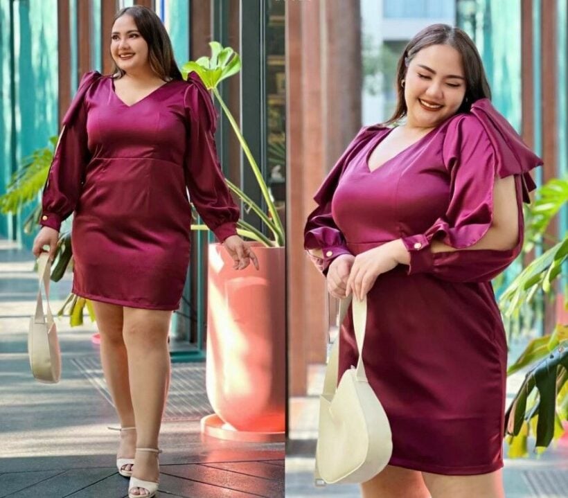 Plus Size Fashion Model in Red Blouse and Black Skirt, Fat Woman