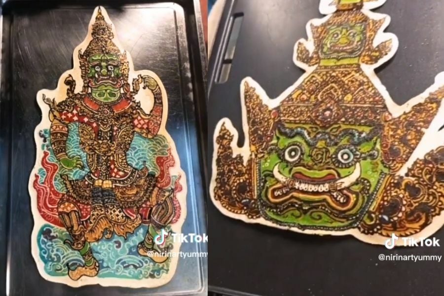 Thai vendor banks 10,000 baht on a traditional Thai pattern pancake