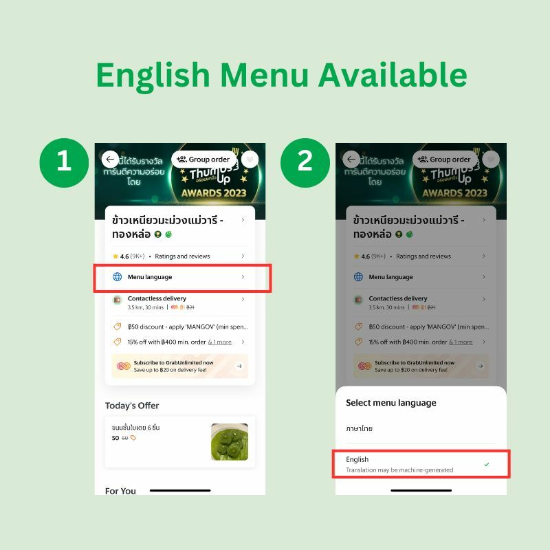 GrabFood English menu 