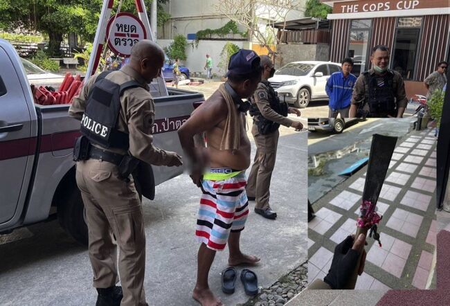 Shirtless Patong man scares people with machete