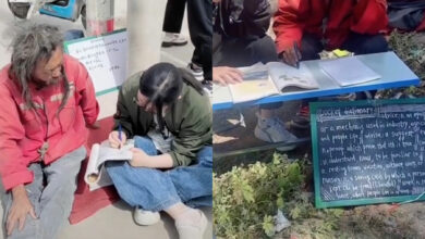 Homeless man in China teaches English to students on pavement, exchanges knowledge for money