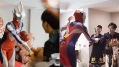 Bride in China surprises groom by dressing up as Ultra-man on wedding day