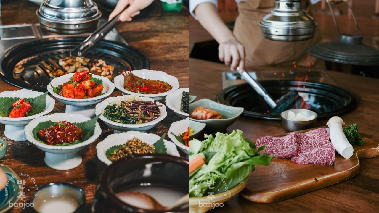 Banchan and beef at BanJoo Korean BBQ in Bangkok