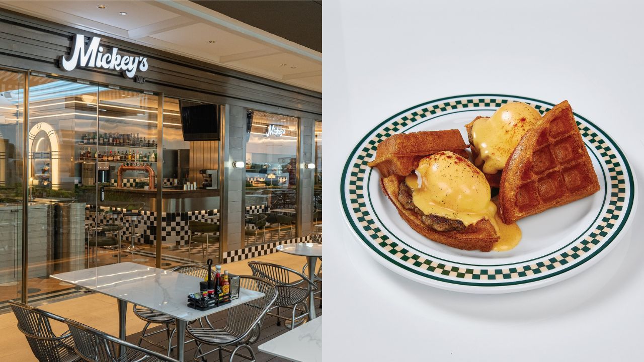 The restaurant (left) / Waffle Benedict (right) at Mickey's Diner