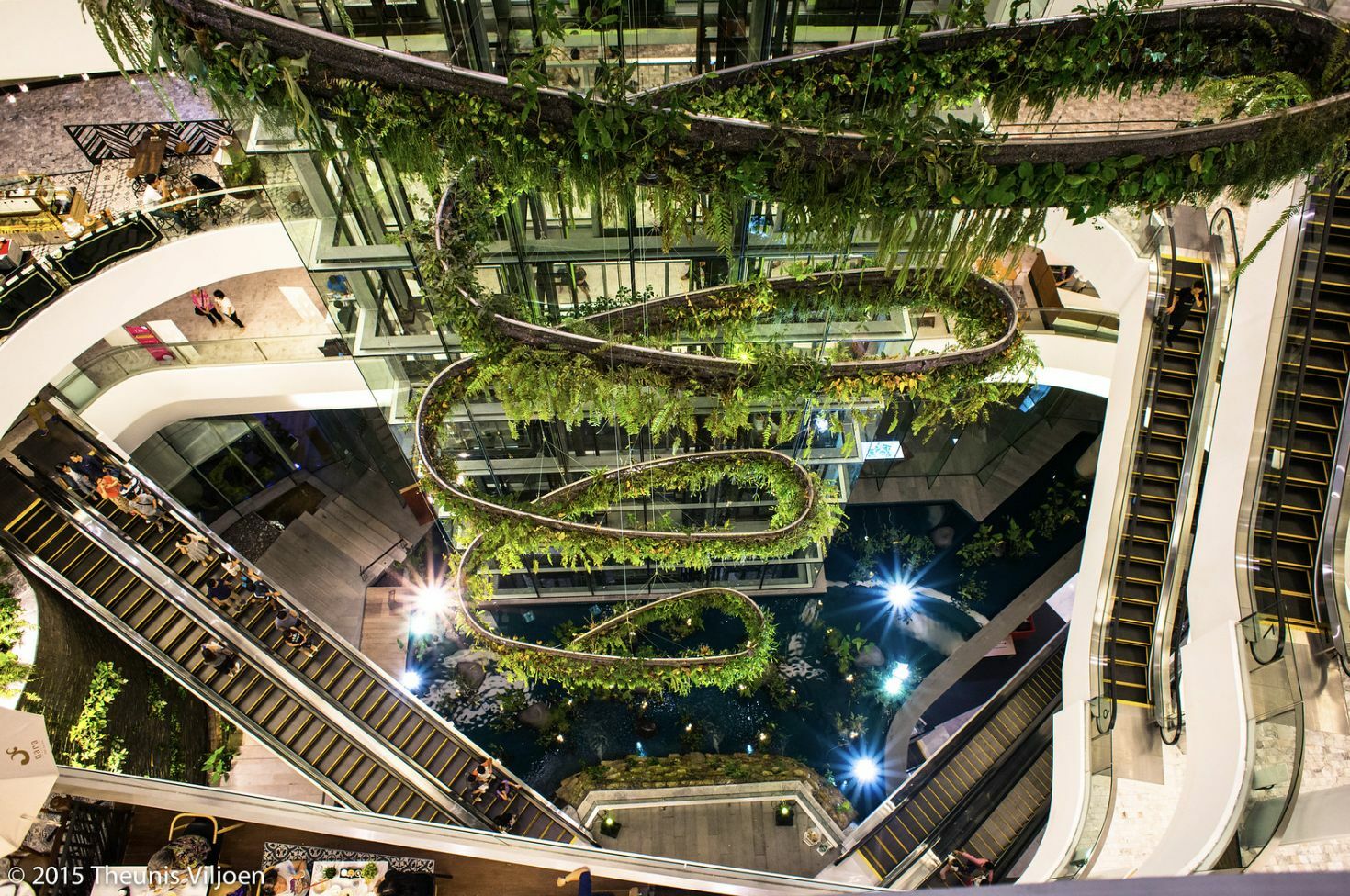 Green vertical interior design of Emquartier shopping mall dining