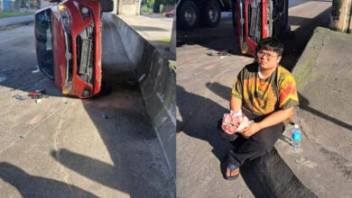 Malaysian man saves bouquet for mum after surviving car crash