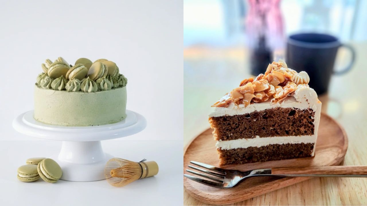 Matcha jasmine cake and almond caramel coffee cake, both gluten free and vegan in Bangkok