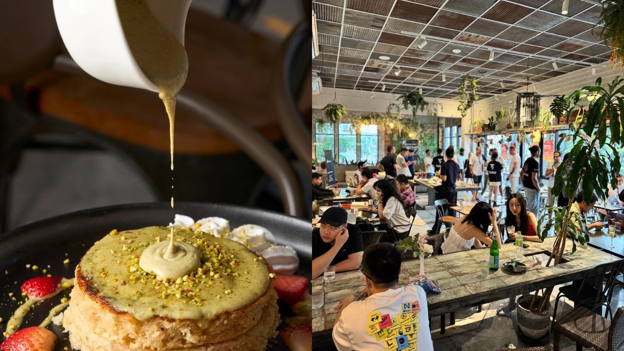 The delicious pistachio cream & strawberries cloud pancake can be enjoyed in Vistro's bright space