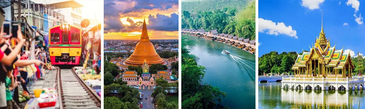 Image is a collage consisting of four photos, one of a train, two of temples, and a river. All are places to visit in Thailand