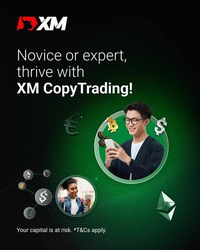 XM - Green-coloured poster: Novice or expert, thrive with XM CopyTrading!