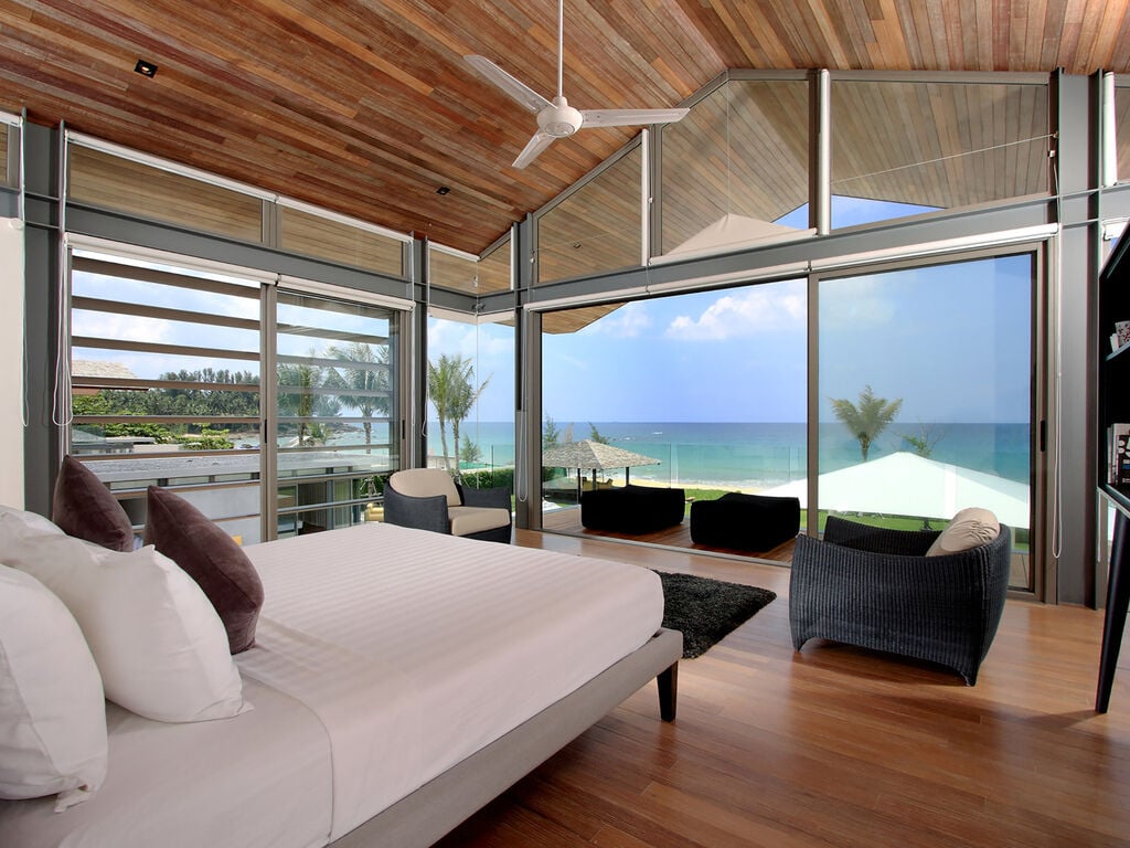 One of the bedrooms at Villa Amarelo, Phuket, overlooking the ocean