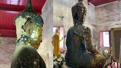 Cracks in 300-year-old Buddha statue in Samut Sakhon reveal core