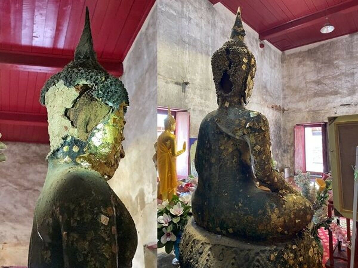 Cracks in 300-year-old Buddha statue in Samut Sakhon reveal core