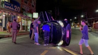 Thai driver flips car in Pattaya after falling asleep at wheel