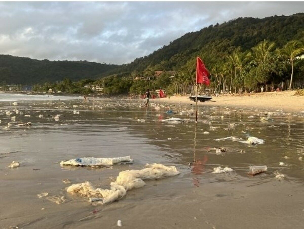 Monsoon leaves Patong Beach littered with trash and plastic waste