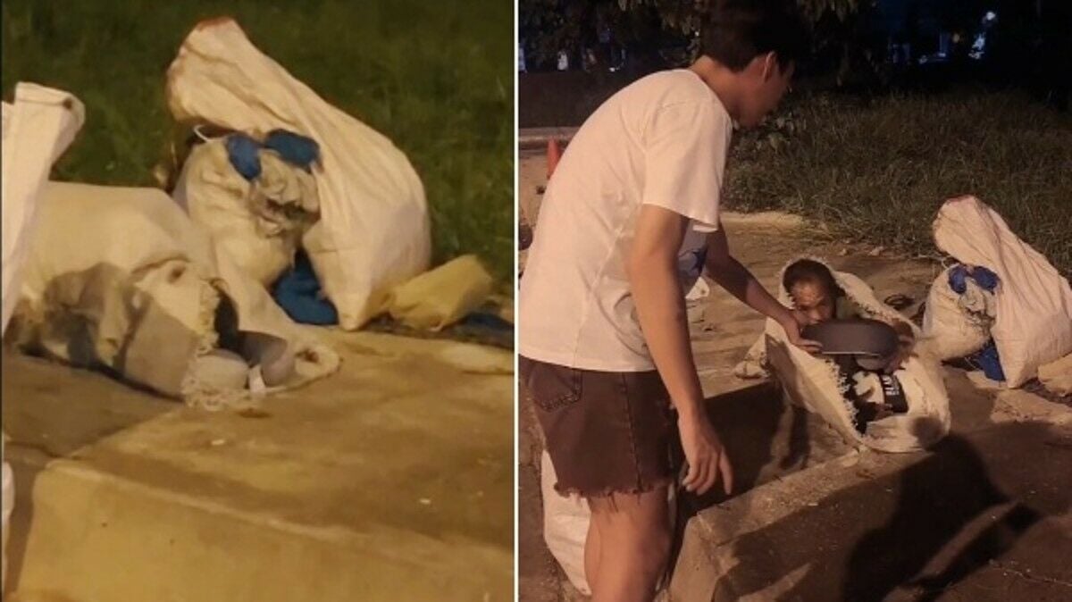 Elderly man found sleeping in sack on pavement in Khon Kaen (video)