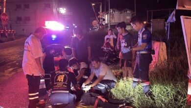 Exhausted Thai security guard tumbles off bike in Pattaya