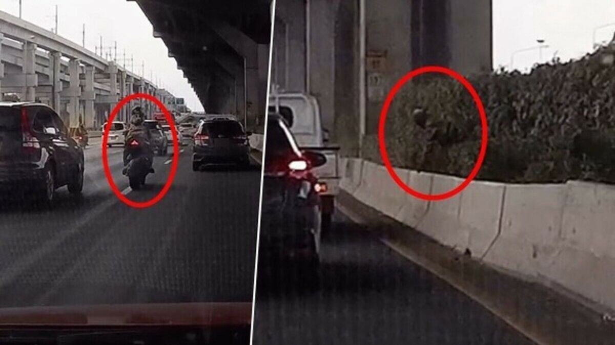 Big bike forced off road by car on Bangkok highway (video)