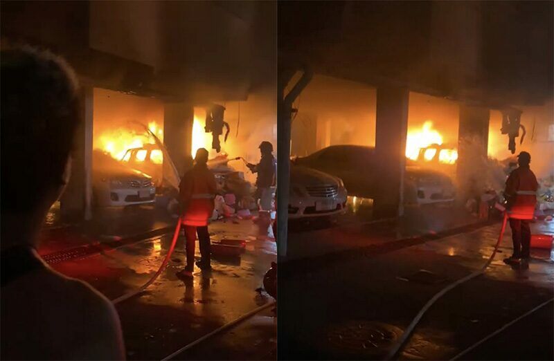 Blaze destroys pickup in Bangkok condo car park