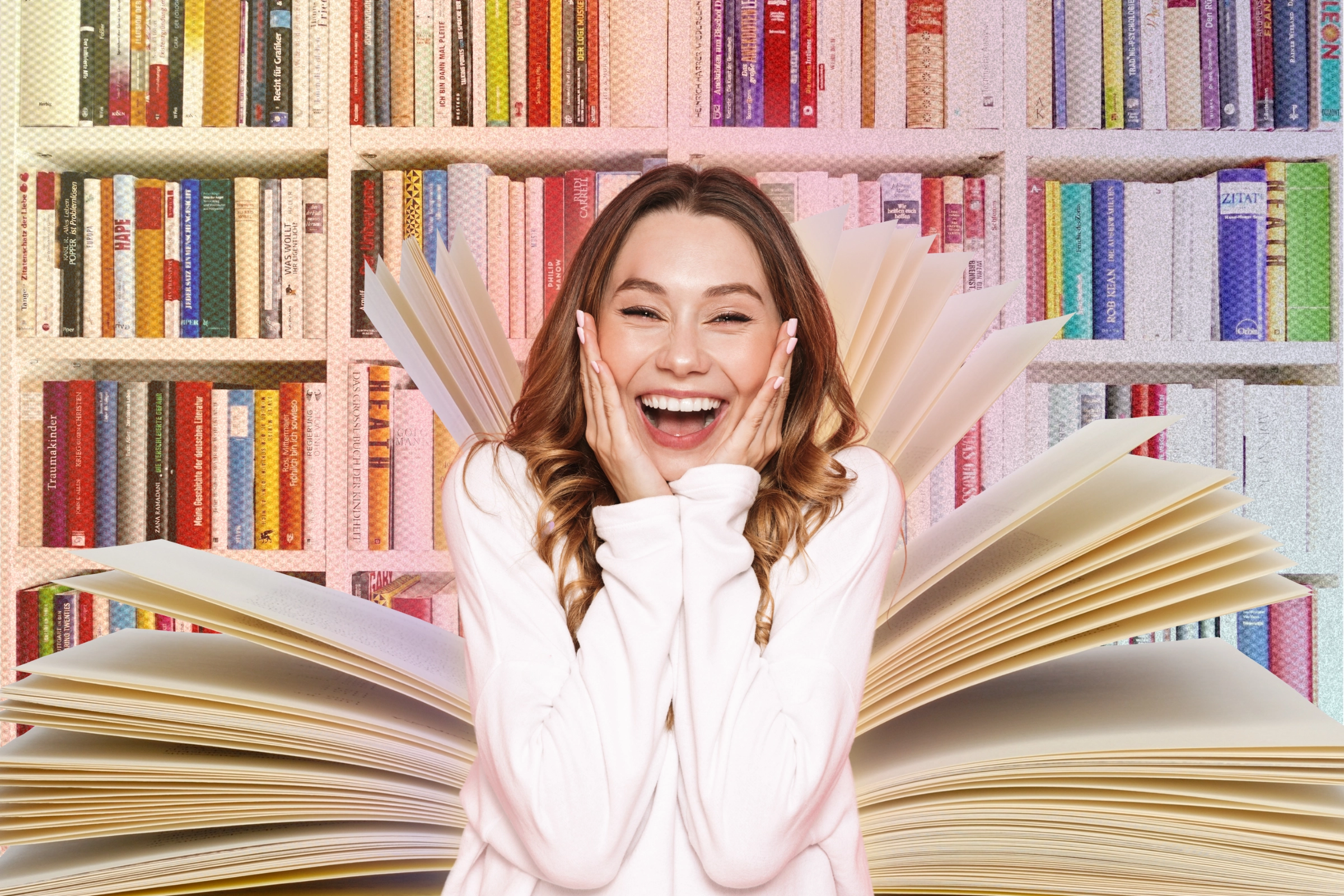 a woman screaming happy over her book obsession