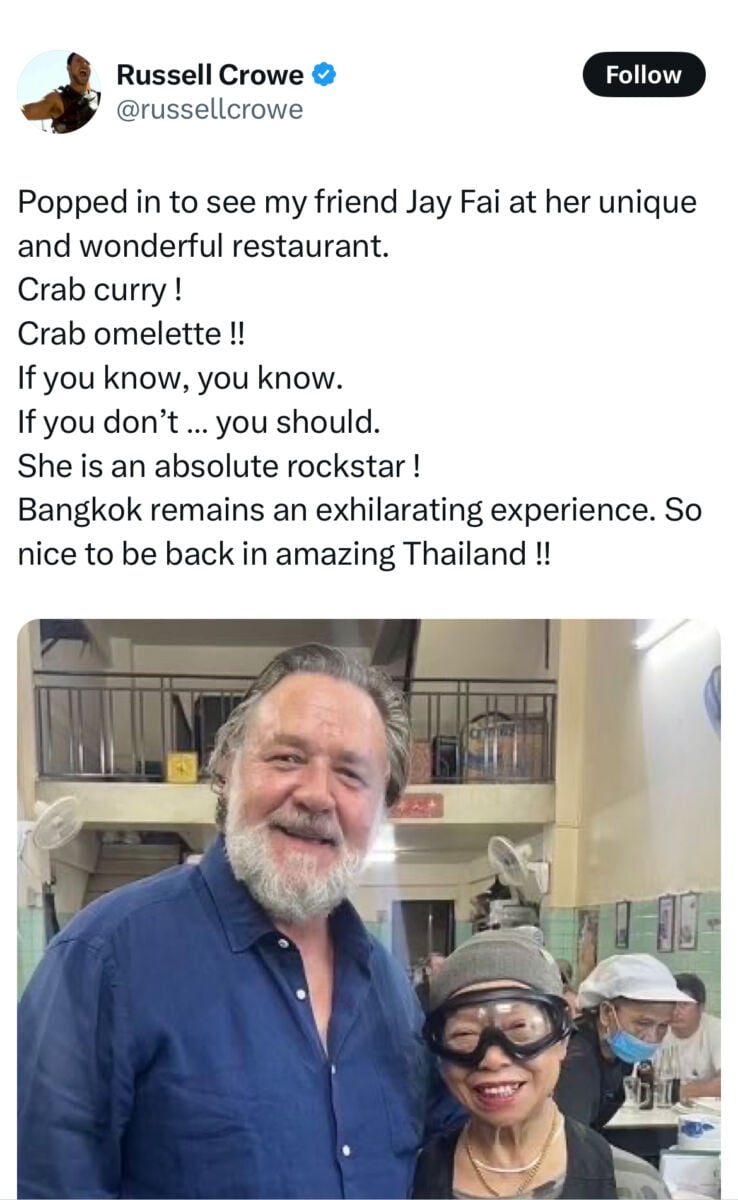 Russell Crowe cooks up in Bangkok with Michelin-star chef Jay Fai | News by Thaiger