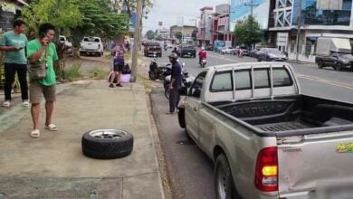 Wheel-y close call: Teen’s pickup mishap sends tyre rolling in Sisaket