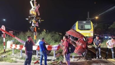 Horror as sedan tangles with train in near-fatal crash in Pattaya