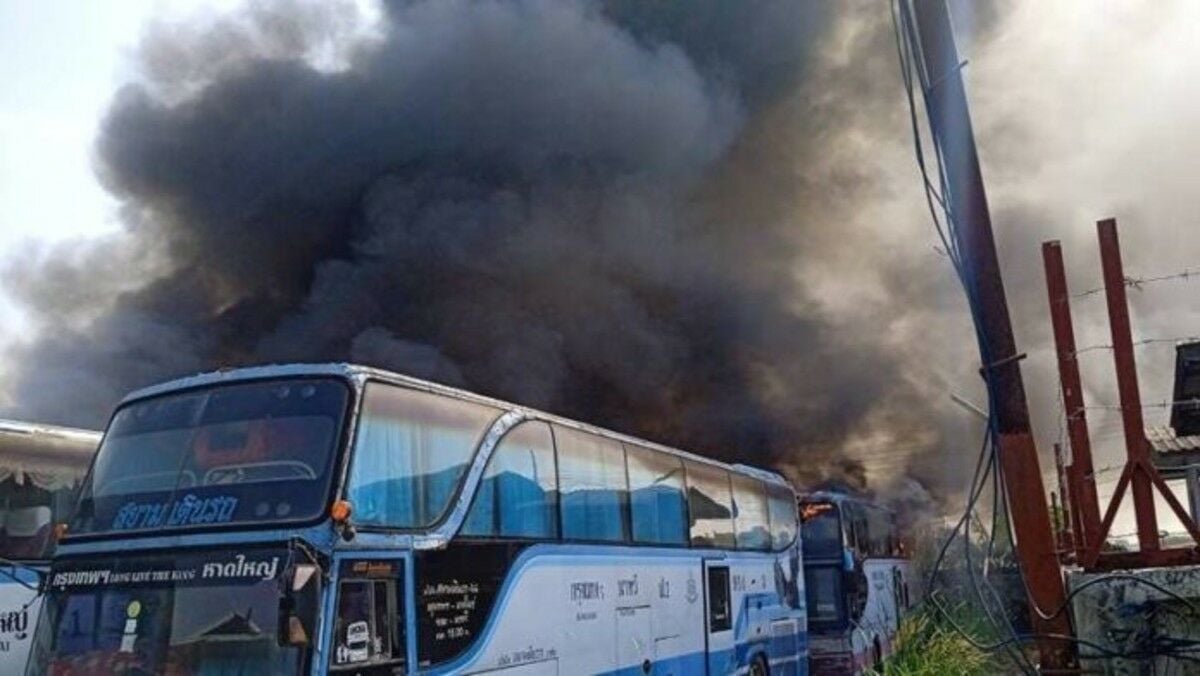 Fiery disaster: 9 buses damaged at coach park on Bangkok road