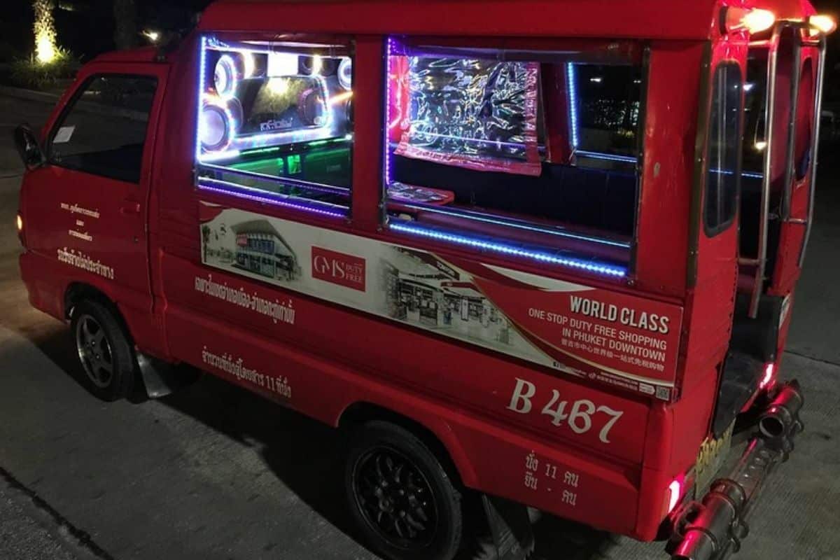 Phuket red baht bus at night