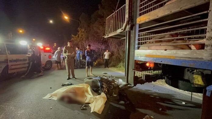 Motorcyclist dies in collision with pig truck in Chachoengsao