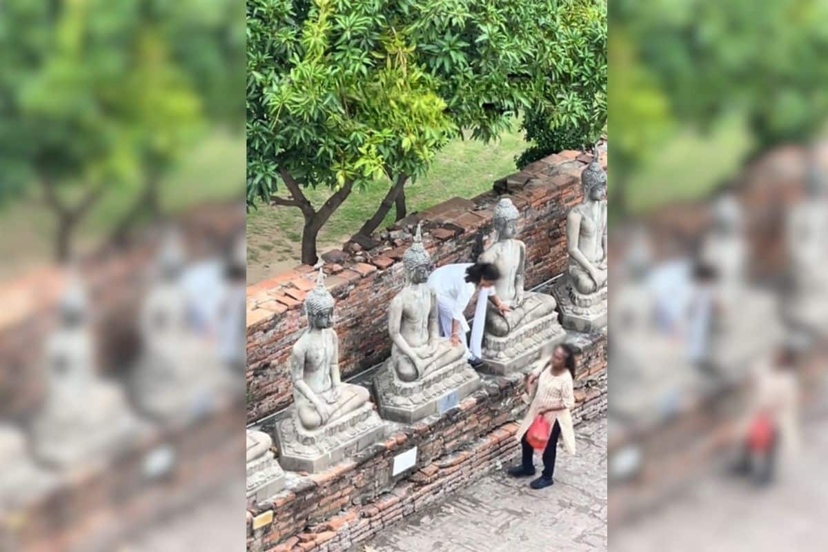 Indian tourists climb Buddha statue for mangoes in Ayutthaya (video)