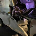 Another mishap on Rama II road: crane and truck fall on pickup | Thaiger