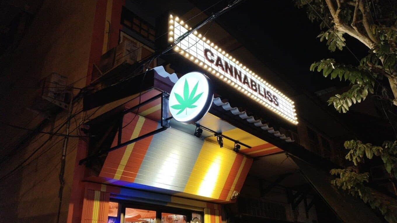 The colourful exterior of Cannabliss, a weed shop in Chinatown Bangkok