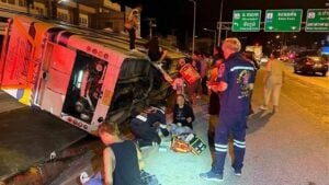 Tour bus flips in northeast Thailand, 36 injured in midnight crash