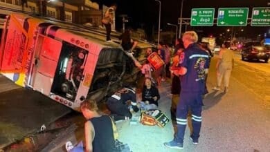 Tour bus flips in northeast Thailand, 36 injured in midnight crash