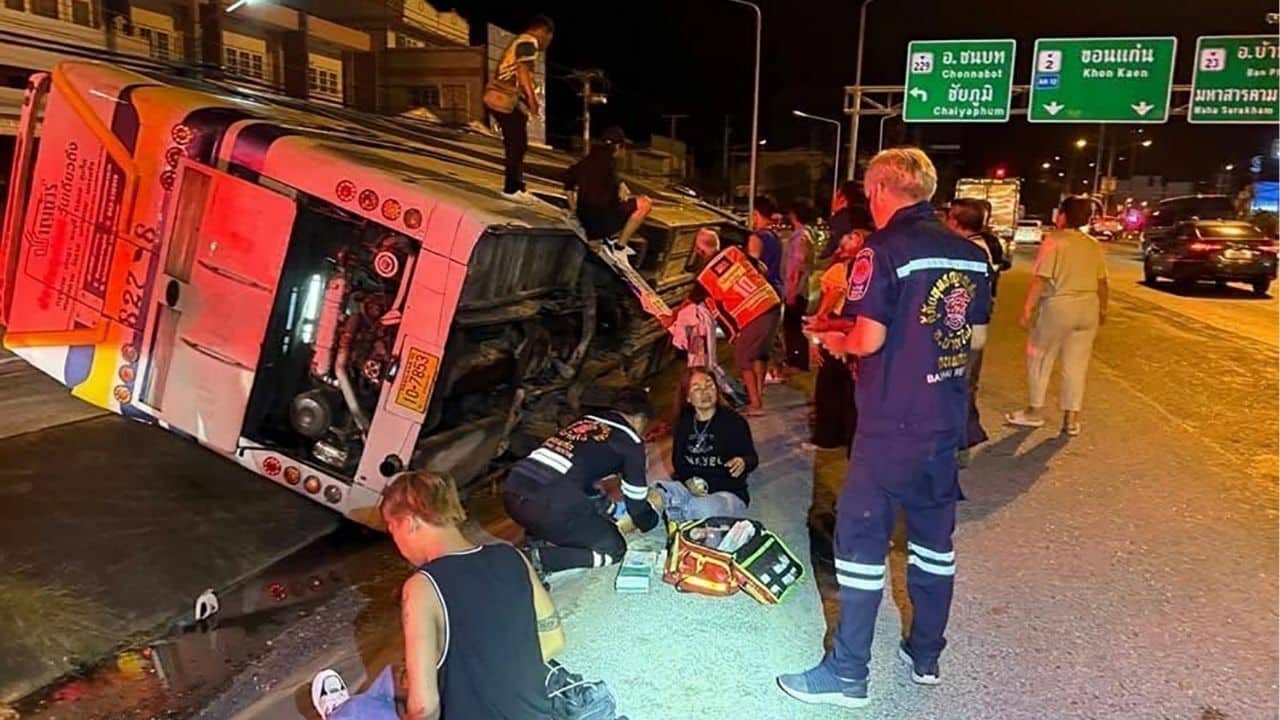 Tour bus flips in northeast Thailand, 36 injured in midnight crash