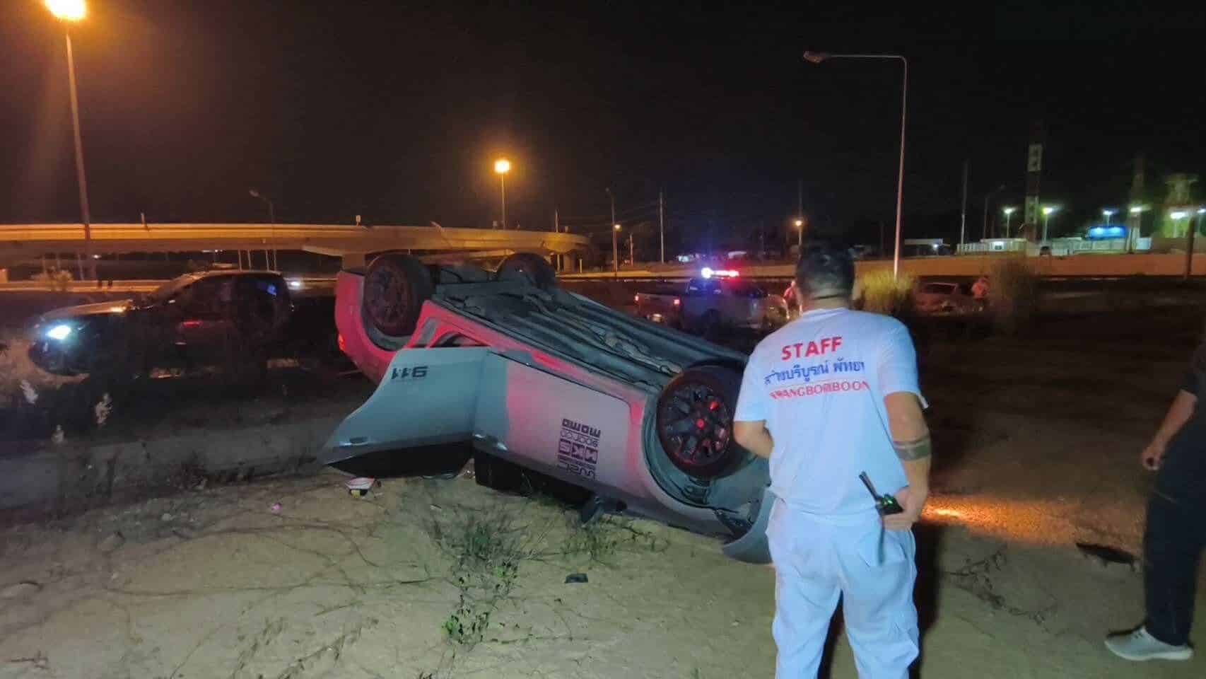 Car flips on Pattaya highway; driver, passengers escape injuries | News by Thaiger